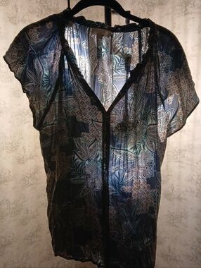 LOFT Navy Floral Sheer V-Neck Blouse